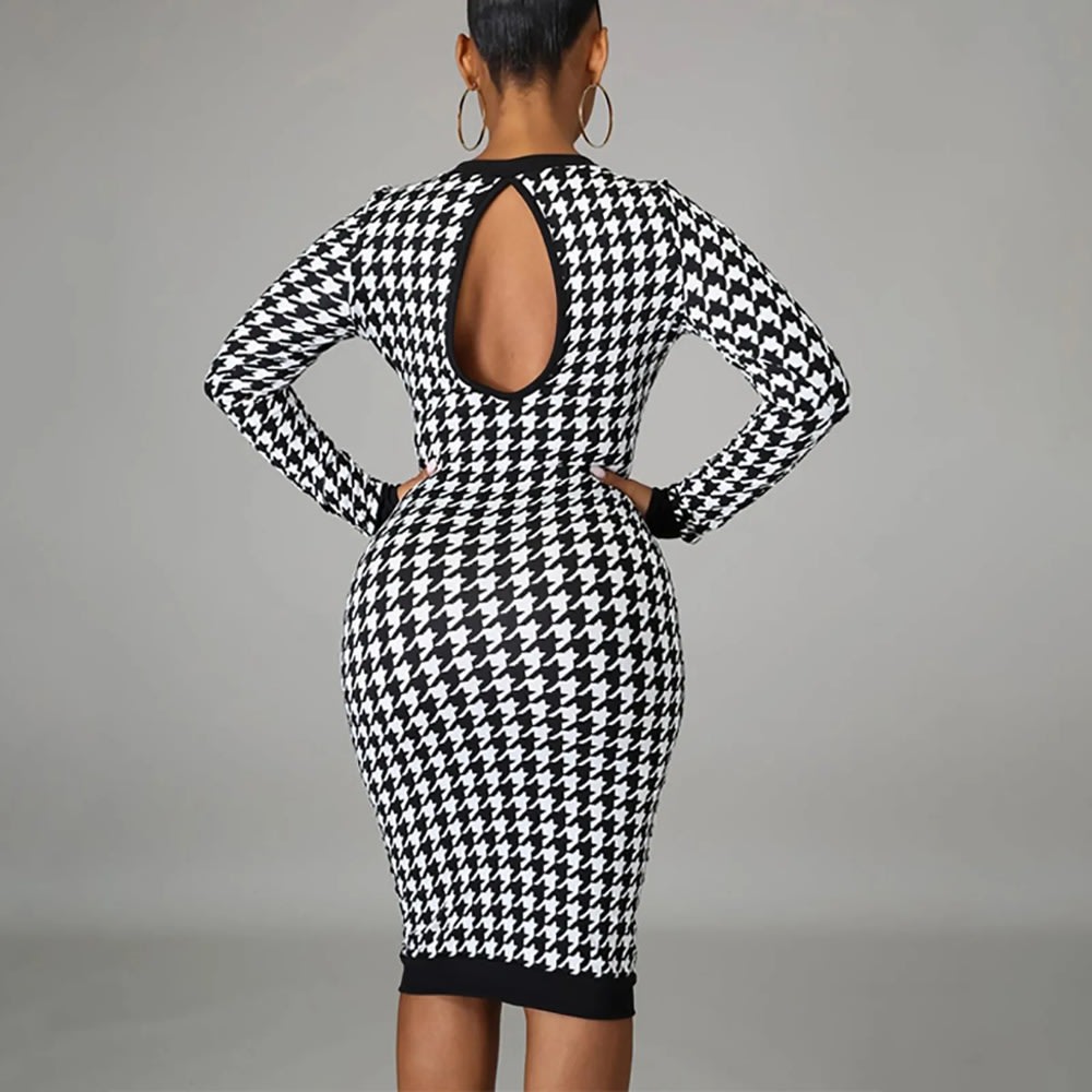 Houndstooth Print Long Sleeve Midi Dress Women 2023 Autumn Winter